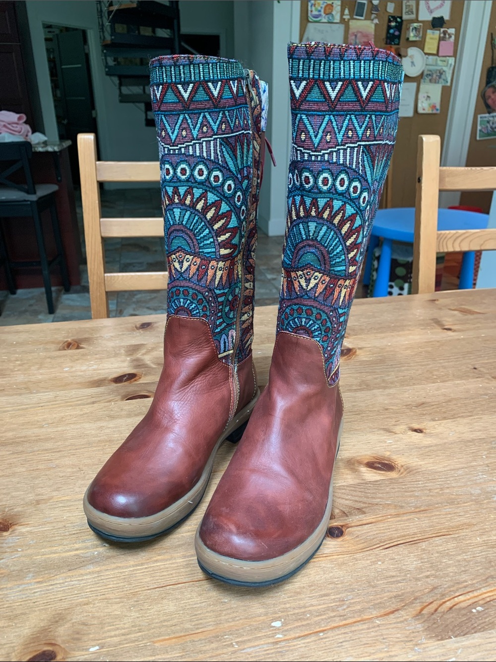 Brown Leather & Teal Pattern Tall Women's Boots